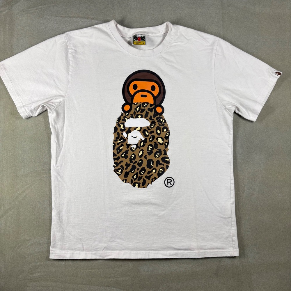BAPE A Bathing Ape Baby Milo Leopard Ape Head White Tee Shirt Sz
L